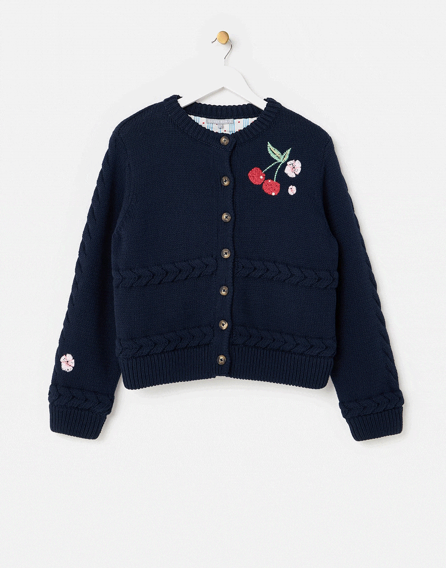 Navy Blue Cherry Embroidered Lined Knitted Jacket